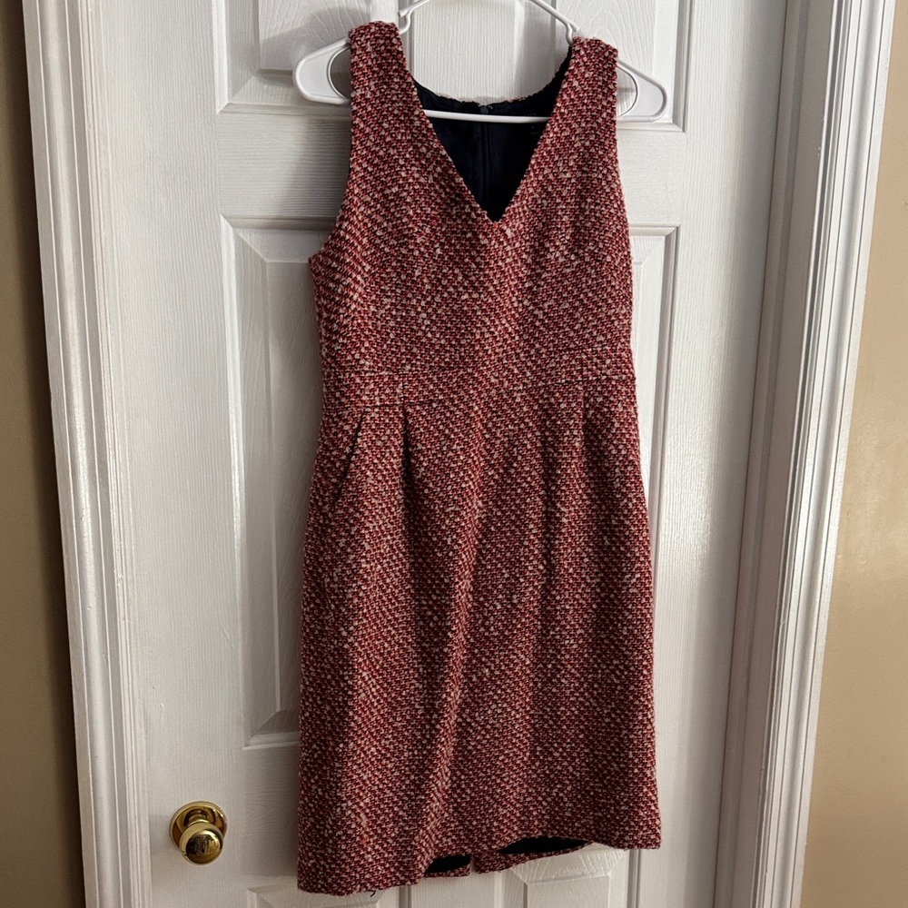 J. Crew Red and White Tweed Midi Dress